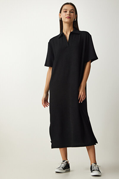 Lovelyİstanbul Πλεκτό φόρεμα με κορδόνι με γιακά πόλο ΜΑΥΡΟ LDZ0031