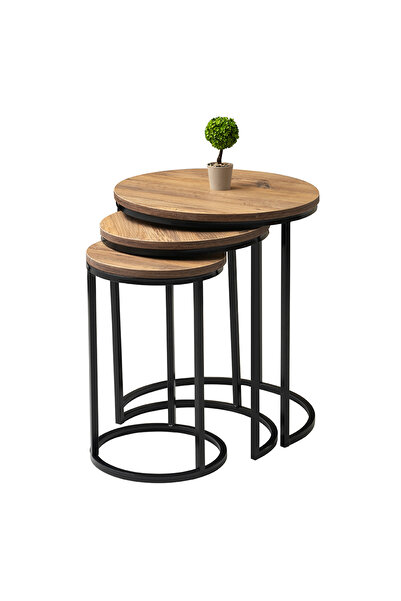 Viento Mobilya Dünya Yuvarlak Zigon Sehpa Diş Budak Desen 3'lü Set, Siyah Metal Ayak, İç İçe Geçebilir