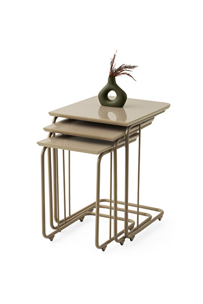 Viento Mobilya C Highgloss Zigon Sehpa Cappicino Desen 3'lü Set, Tekerli Cappicino Metal Ayak, İç İçe Geçebilir