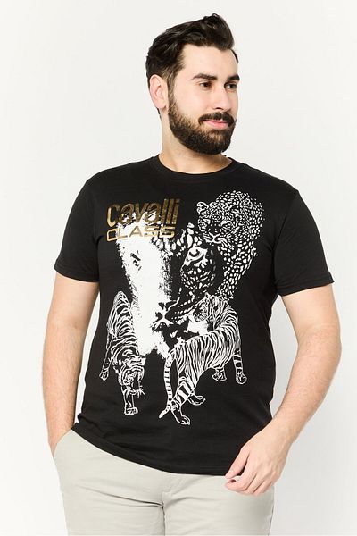 Cavalli Class Men Crew Neck Short Sleeve Graphic T Shirt, Black Combo