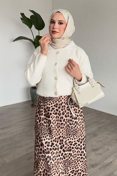 InStyle Fusta bej cu model leopard cu talie elastică
