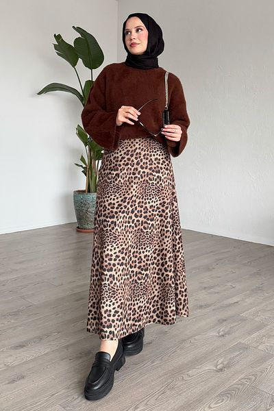 InStyle Fusta neagră cu model leopard cu talie elastică