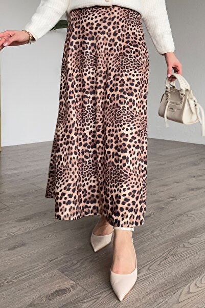 InStyle Μπεζ φούστα με μοτίβο λεοπάρ και ελαστική μέση