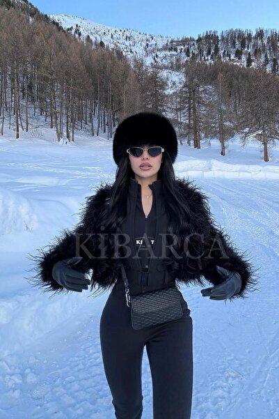 kibarca Trend  Siyah Kışlık Kürk Rus Kalpak Kısa Tüylü Peluş Şapka