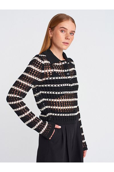 Dilvin 10724 Polo Neck Openwork Buttoned Knitwear Sweater-Black-Ecru