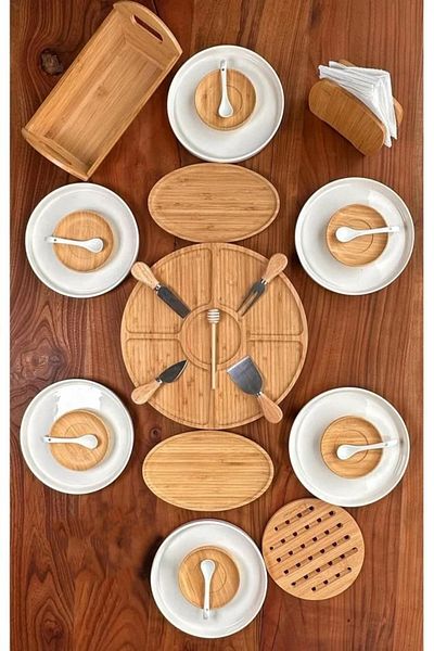 Bambum Atbyhome 6-Person 33 Piece Ceramic - Bamboo Breakfast Set - Luxury Breakfast Presentation Set