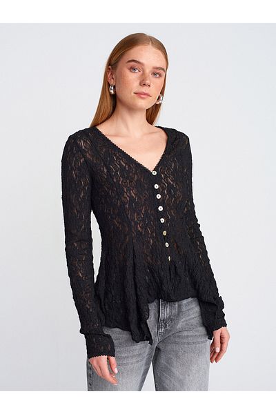Dilvin 60433 Buttoned Peplum Lace Cardigan-Black