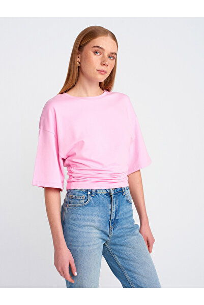 Dilvin 31610 Beli Büzgülü Bisiklet Yaka T-Shirt-Açık Pembe