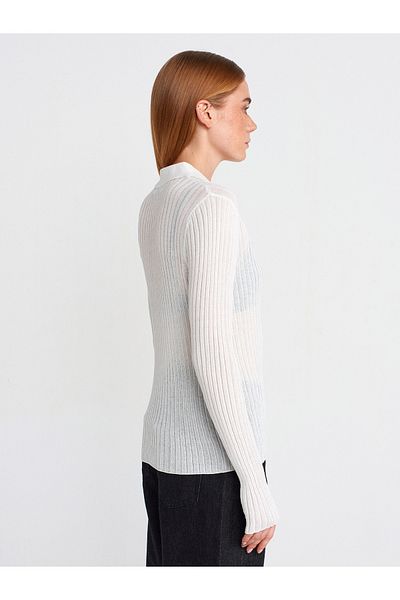 Dilvin 10722 Polo Neck Buttoned Thin Knitwear Sweater-Ecru