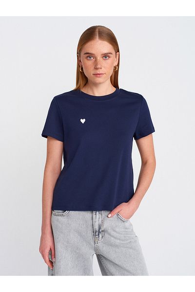 Dilvin 30584 Crew Neck Cotton T-Shirt-Navy