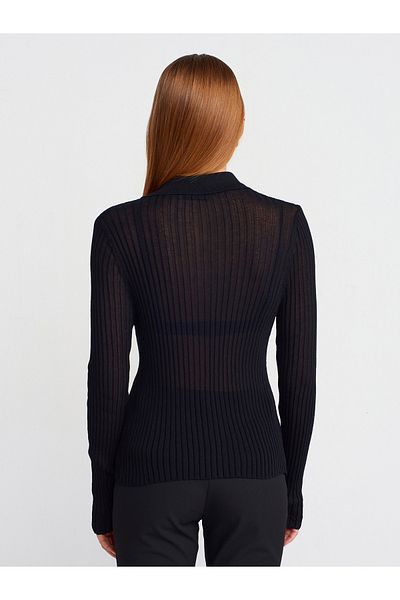 Dilvin 10722 Polo Neck Button Thin Knitwear Sweater-Black