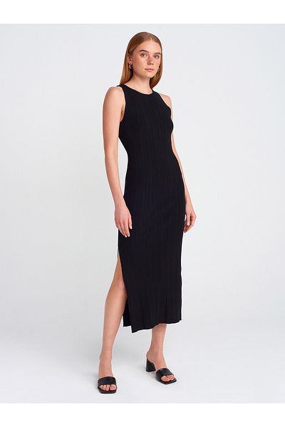 Dilvin 90247 Rochie de tricotaj cu fante cu nervuri cu gât barcă-negru