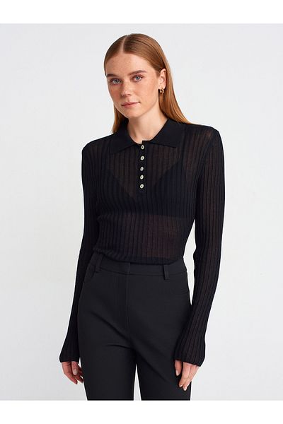 Dilvin 10722 Polo Neck Button Thin Knitwear Sweater-Black