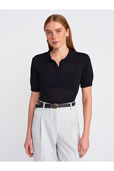 Dilvin 10719 Πόλο γιακά με κουμπιά λεπτή πλεκτή μπλούζα-Μαύρο