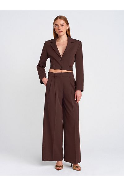 Dilvin 71606 Model - Extra Wide Leg and Adjustable Cut Coffee Pants