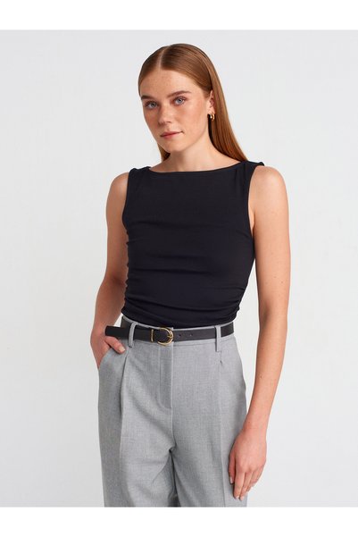 Dilvin 31589 Gathered Boat Neck Top-Black