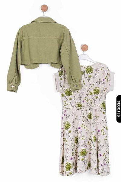 nk kids Green Girl's Set - Floral Pattern, Buttoned and Drawstring Sleeves 8-14 Years 36704-76303