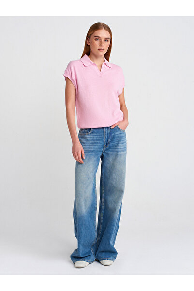 Dilvin 10723 Polo Neck Thin Textured Knitwear Blouse-Pink