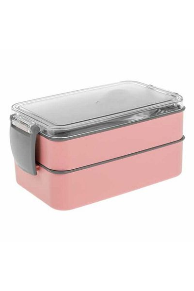 Micostore Plastic Casserole, Compartmented, Children, Double, with Fork and Spoon, Pink Gray, Girls, 16 X 10 X 9 Cm