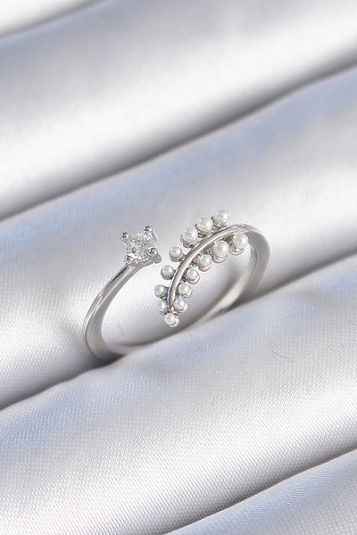 NEZADE STORE Brass Silver Color Zircon Stone Pearl Leaf Model Women's Ring - Lisinya