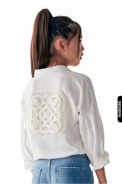 nk kids Pointed Collar Double Pocket Buttoned Drawstring Sleeves Girl's Shirt 8-14 Years 36383