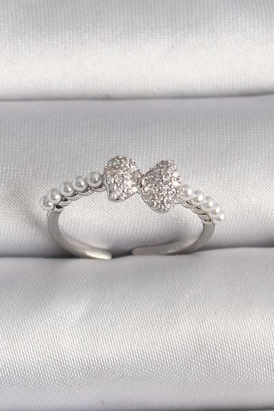 NEZADE STORE Brass Silver Color Zircon Stone Bow Pearl Detail Adjustable Ring - Lisinya
