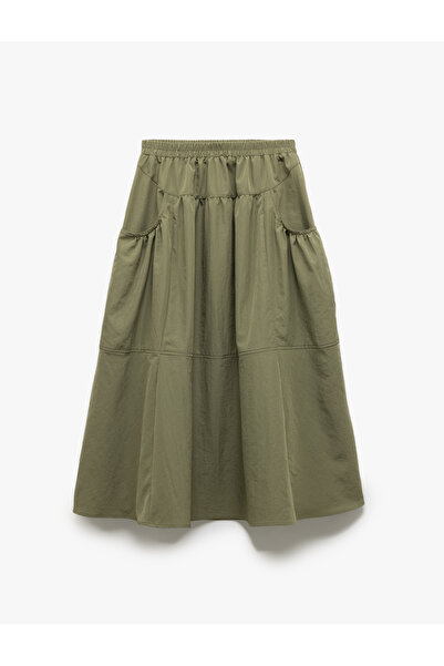 Koton Parachute Fabric Flared Long Skirt with Pockets