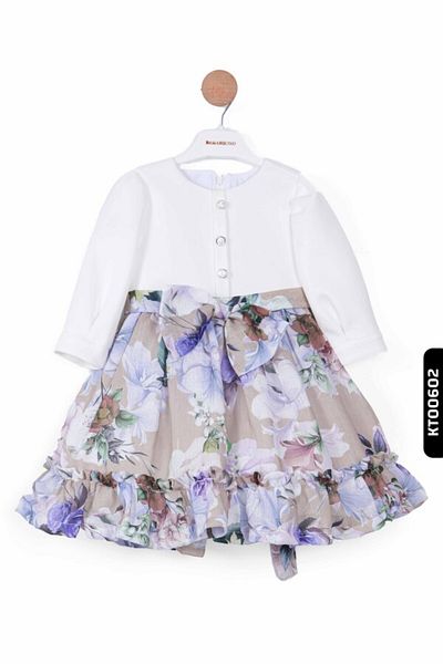 XO Kids Rochie pentru fete de 2-6 ani - cu șnur, mâneci, șnur și model de flori cu volan 10039