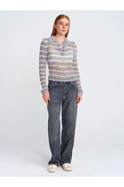 Dilvin 10724 Πλεκτό πουλόβερ με γιακά πόλο με κουμπιά-Γκρι-Εκρού