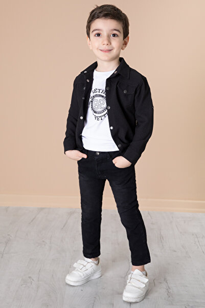 Cansın Mini Black Boy's 3-Piece Bottom Top Suit with Snap Fastener Shirt Pants 20260