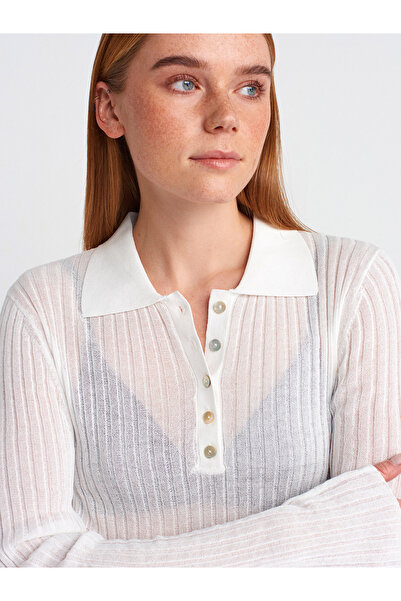 Dilvin 10722 Polo Neck Buttoned Thin Knitwear Sweater-Ecru