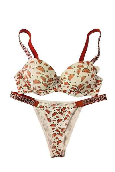 enmodaiçgiyim Watermelon Patterned Stoned Padded Women's Bra Set