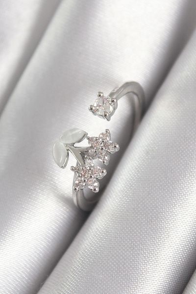 NEZADE STORE Brass Silver Color Zircon Stone Flower Model Women's Ring - Lisinya