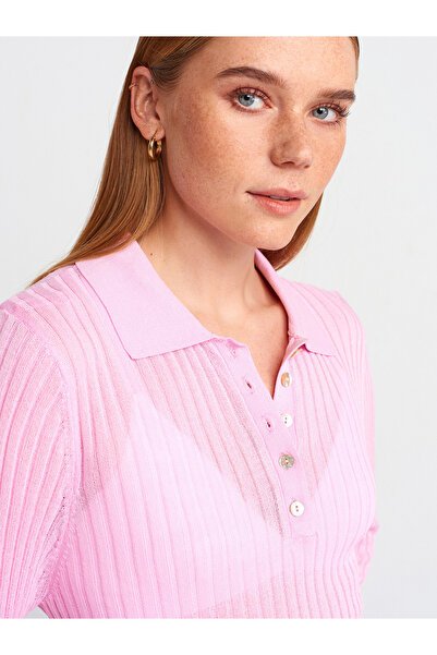 Dilvin 10722 Polo Neck Button Thin Knitwear Sweater-Pink
