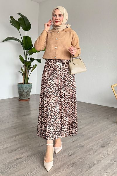 InStyle Fusta bej plisată cu model leopard