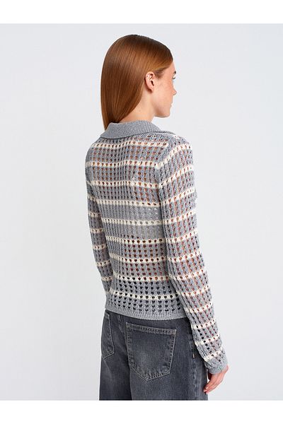 Dilvin 10724 Polo Neck Openwork Buttoned Knitwear Sweater-Gray-Ecru