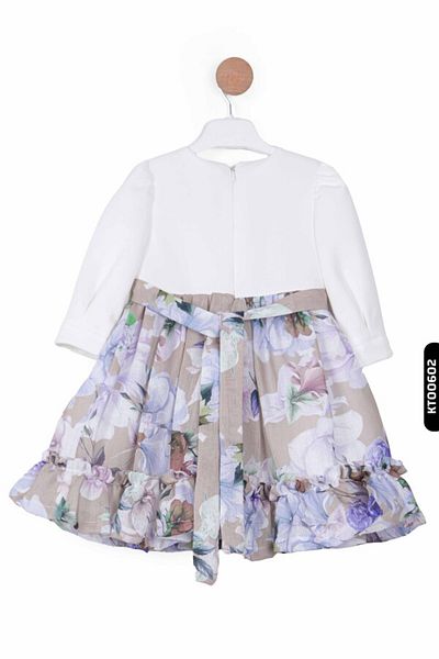 XO Kids Rochie pentru fete de 2-6 ani - cu șnur, mâneci, șnur și model de flori cu volan 10039