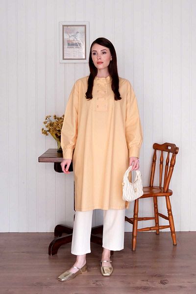 Ceylan Otantik Soft Yellow Long Button Detailed Tunic