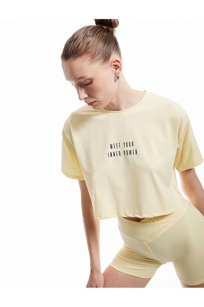 Koton Slogan Print Short Sleeve Crew Neck Sports Crop T-Shirt