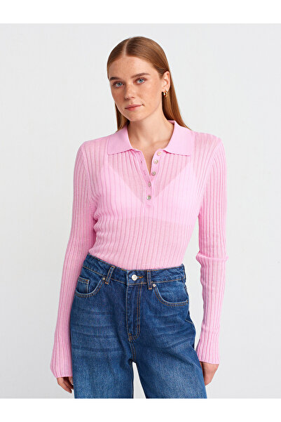 Dilvin 10722 Polo Neck Button Thin Knitwear Sweater-Pink