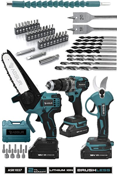 ASSUR 3 Lü Set Kömürsüz Motor Şarjlı Budama Testeresi Şarjlı Budama Makası Şarjlı Matkap