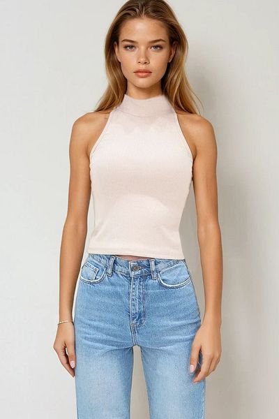 VAGGON Women's Beige Stand Collar Halter Sleeve Camisole Blouse Prmxx11497