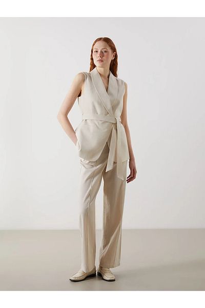 LC Waikiki Lcw Vision Khaki Jacket Collar Linen Blended Women's Classic Vest