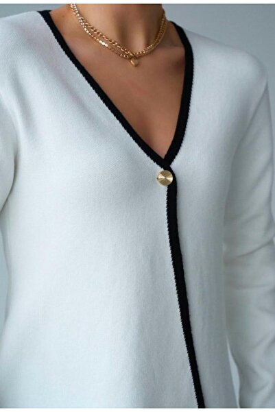 MODA Γυναικεία ζακέτα με διπλό στήθος με κουμπιά μαύρο και λευκό άνετη εφαρμογή