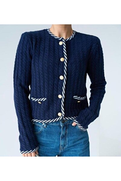 MODA Синьо-біла кофта з ґудзиками, велосипедним коміром, плетеними кишенями т...