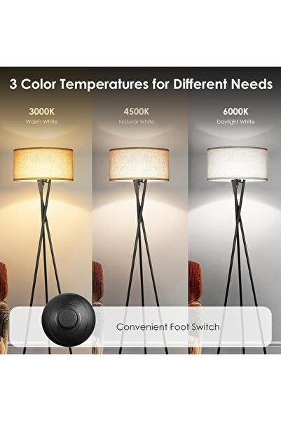 Primo Plus مصباح أرضي ثلاثي القوائم بدرجات حرارة 3 ألوان مع غطاء من الكتان وزاوية قابلة للتعديل مع جهاز تحكم عن بعد