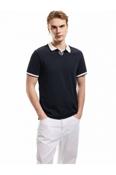 Koton Slim Fit Βαμβακερό μπλουζάκι με αντίθεση χρώματος με κοντό μανίκι V λαιμόκοψη