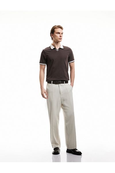 Koton Slim Fit Βαμβακερό μπλουζάκι με αντίθεση χρώματος με κοντό μανίκι V λαιμόκοψη