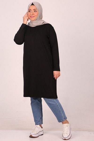 Eslina 38501 Plus Size Basic Combed Cotton Tunic - Black
