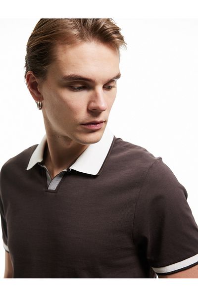 Koton Slim Fit Βαμβακερό μπλουζάκι με αντίθεση χρώματος με κοντό μανίκι V λαιμόκοψη